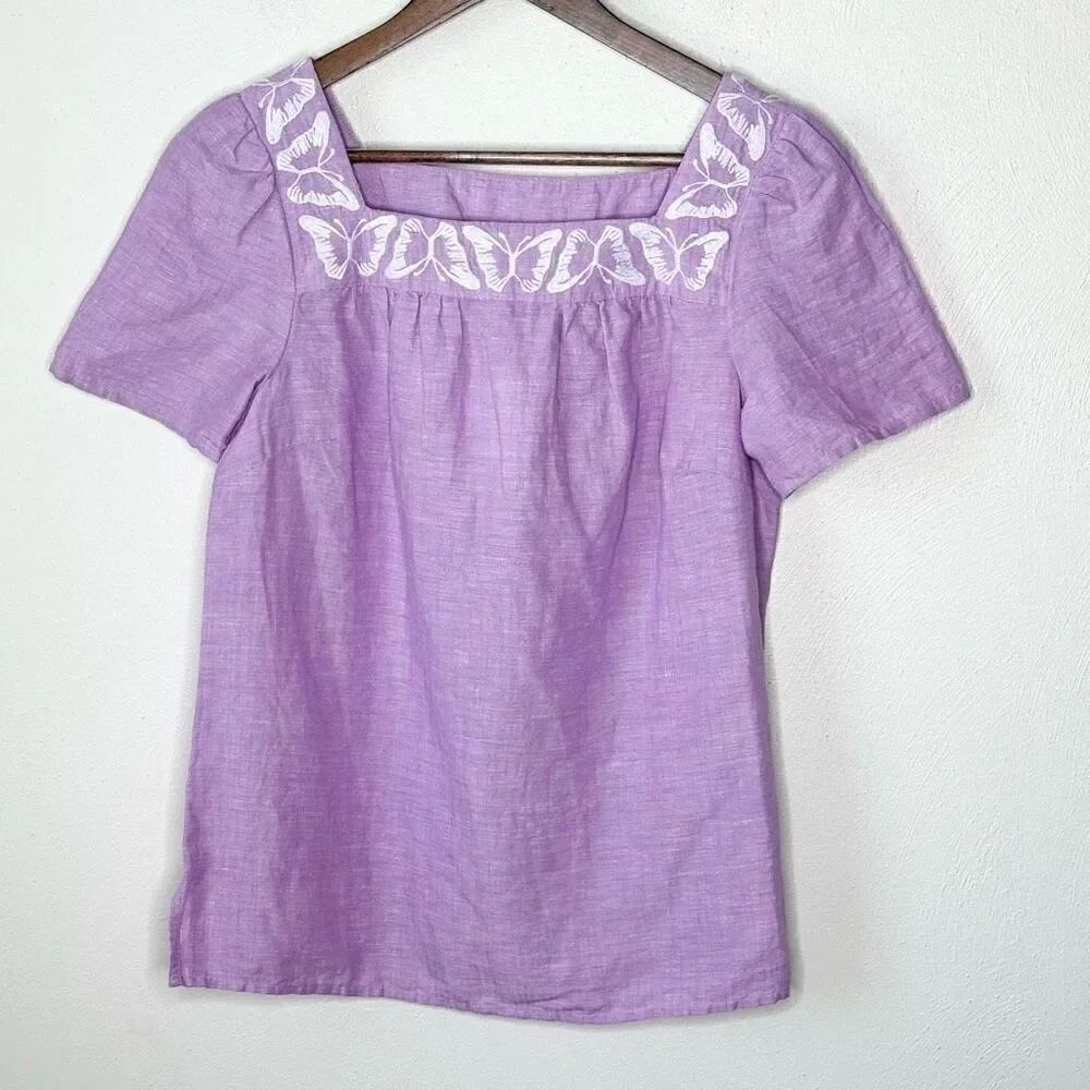 Talbots Linen Blend Butterfly Embroidered Square Neck Blouse - Women’s US XS